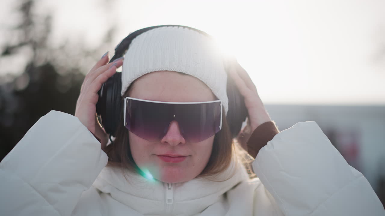 Free spirit wearing ear pod showcasing neatly done pedicure nails adjusting oversized headphones over winter beanie and futuristic goggles in snowy urban scene conveys joyful confidence
