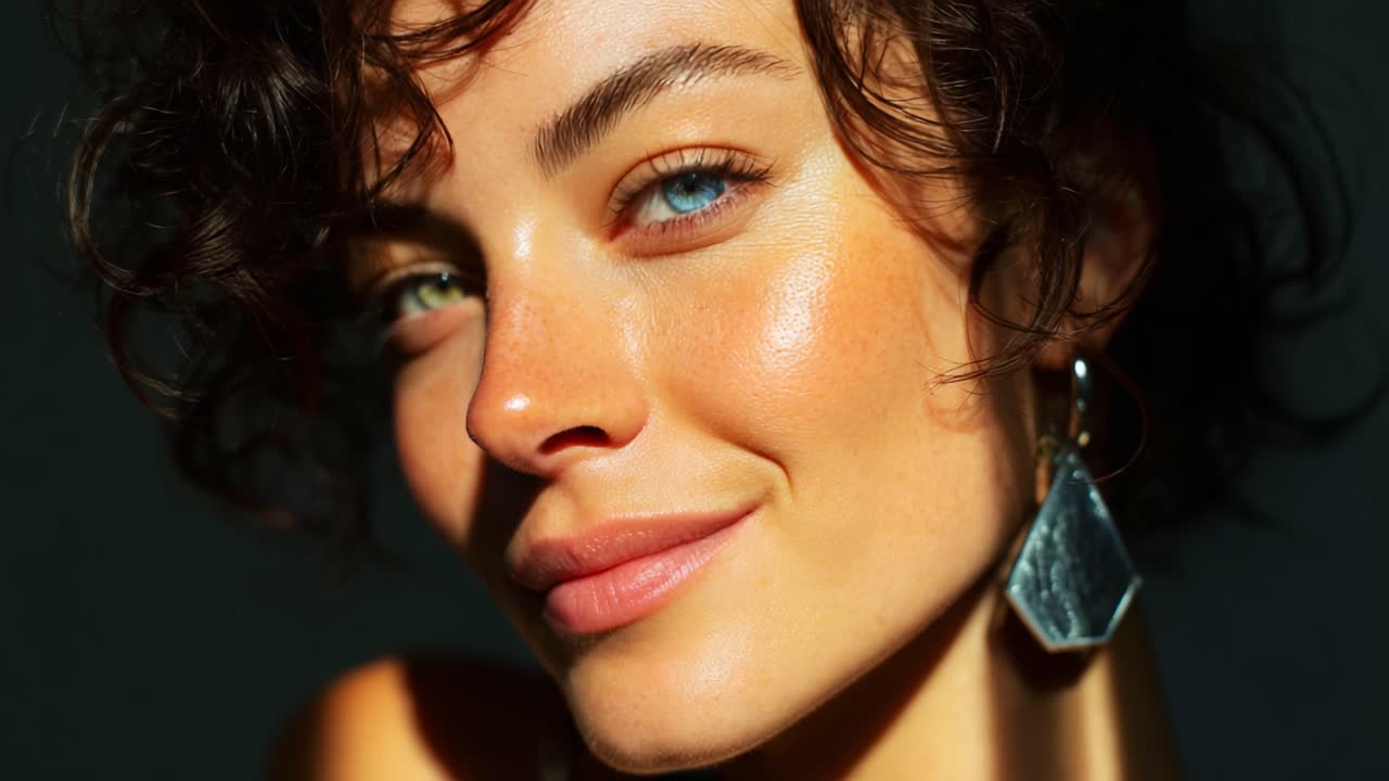 Ritratto radioso ed espressivo di una giovane donna con capelli ricci e scintillanti occhi azzurri, catturato in luce naturale che mette in risalto la sua pelle luminosa e il suo sorriso affascinante