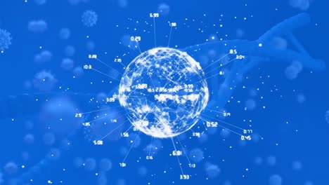Animation-Eines-Sich-Drehenden-Globus-über-Covid-19-Zellen-Und-DNA-Struktur-Vor-Blauem-Hintergrund
