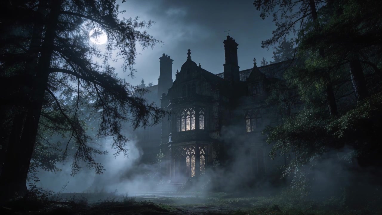 La telecamera inquadra una villa gotica dal basso mentre il vento fa rotolare la nebbia sul prato illuminato dalla luna, con i vetri illuminati che aggiungono atmosfera.