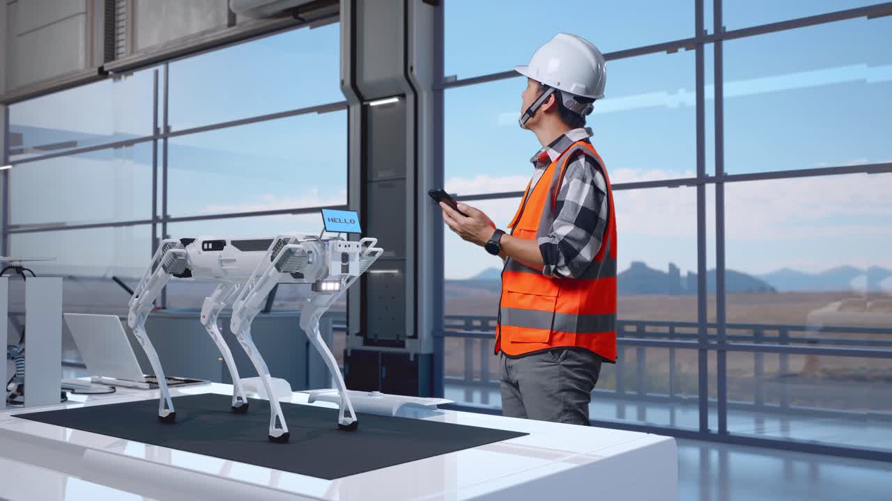 vista lateral completa del cuerpo de un ingeniero masculino asiático con casco de seguridad usando un teléfono inteligente y mirando a su alrededor mientras está de pie en una fábrica de alta tecnología, analizando el concepto de máquina robótica