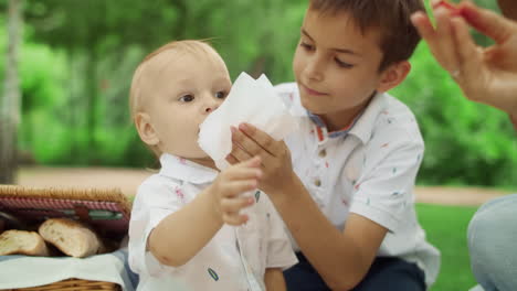 brother taking care about small boy at picnic. mother hand giving cherry to boy