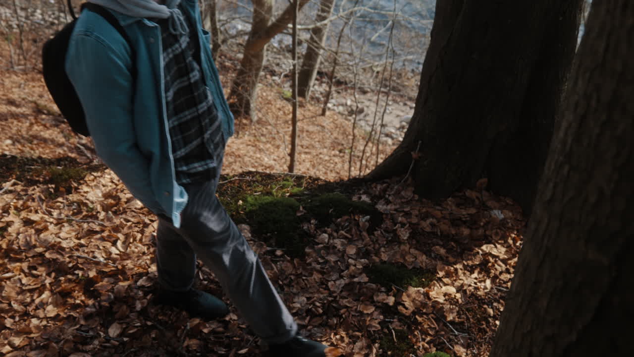 hombre caminando a través de árboles, hojas en el suelo del bosque y es un día soleado de otoño