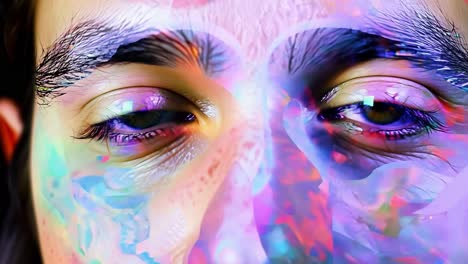 abstract close-up portrait with colorful eyes and vibrant patterns.