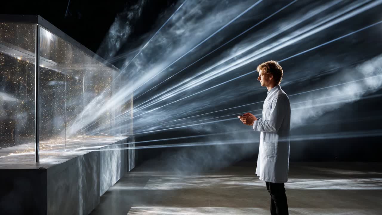 A scientist stands in a laboratory surrounded by beams of light and particles, observing an experimental display that showcases the interactions of light and matter, creating a mesmerizing visual spectacle