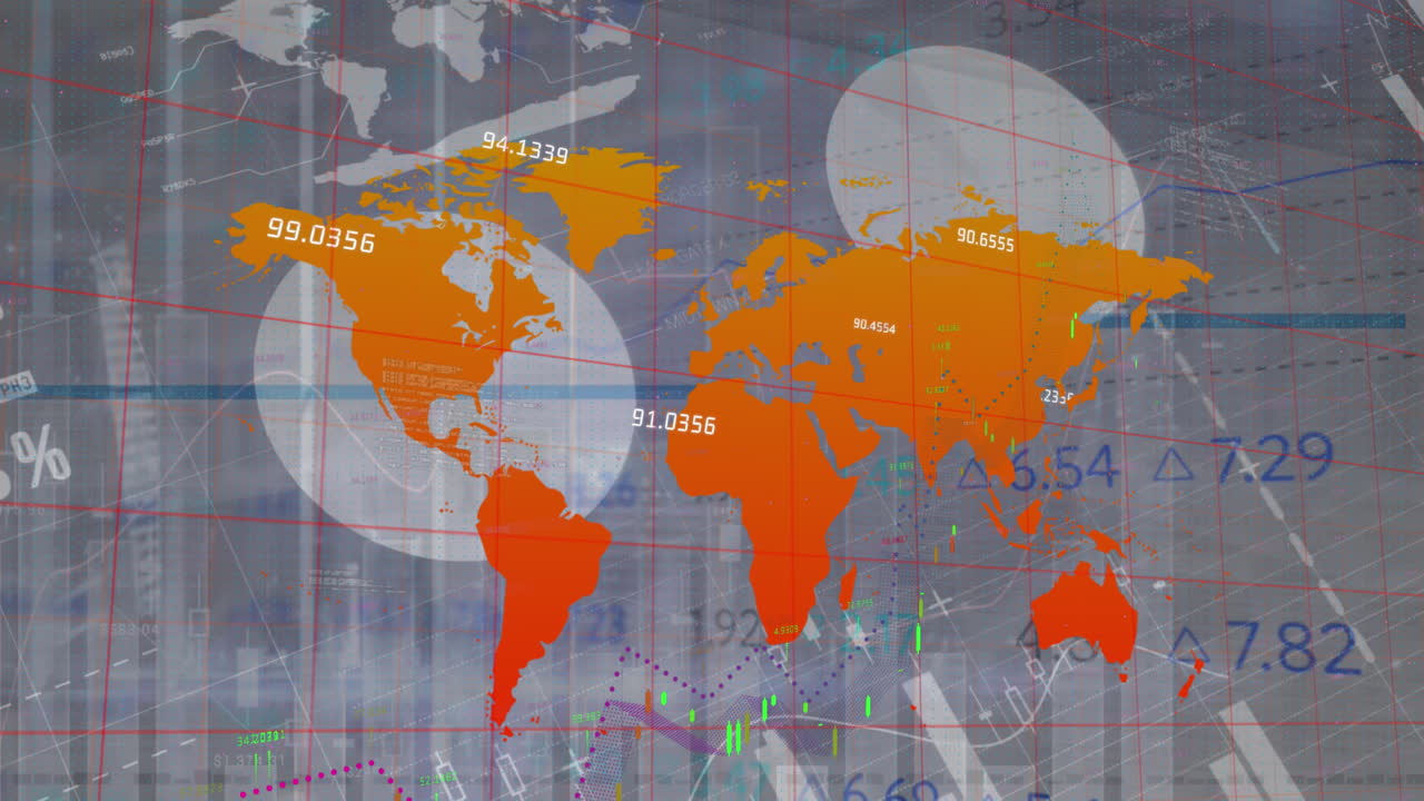 Animation of world map, statistics and financial data processing over grid