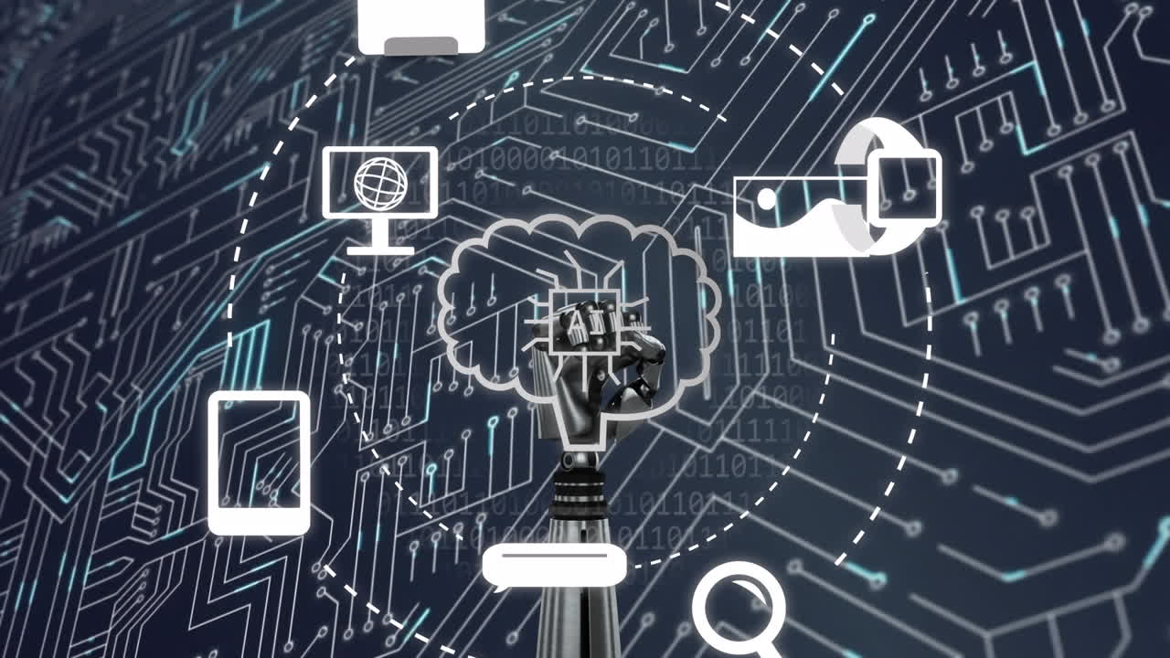 animación del procesamiento de datos ai sobre placa de circuitos y fondo oscuro