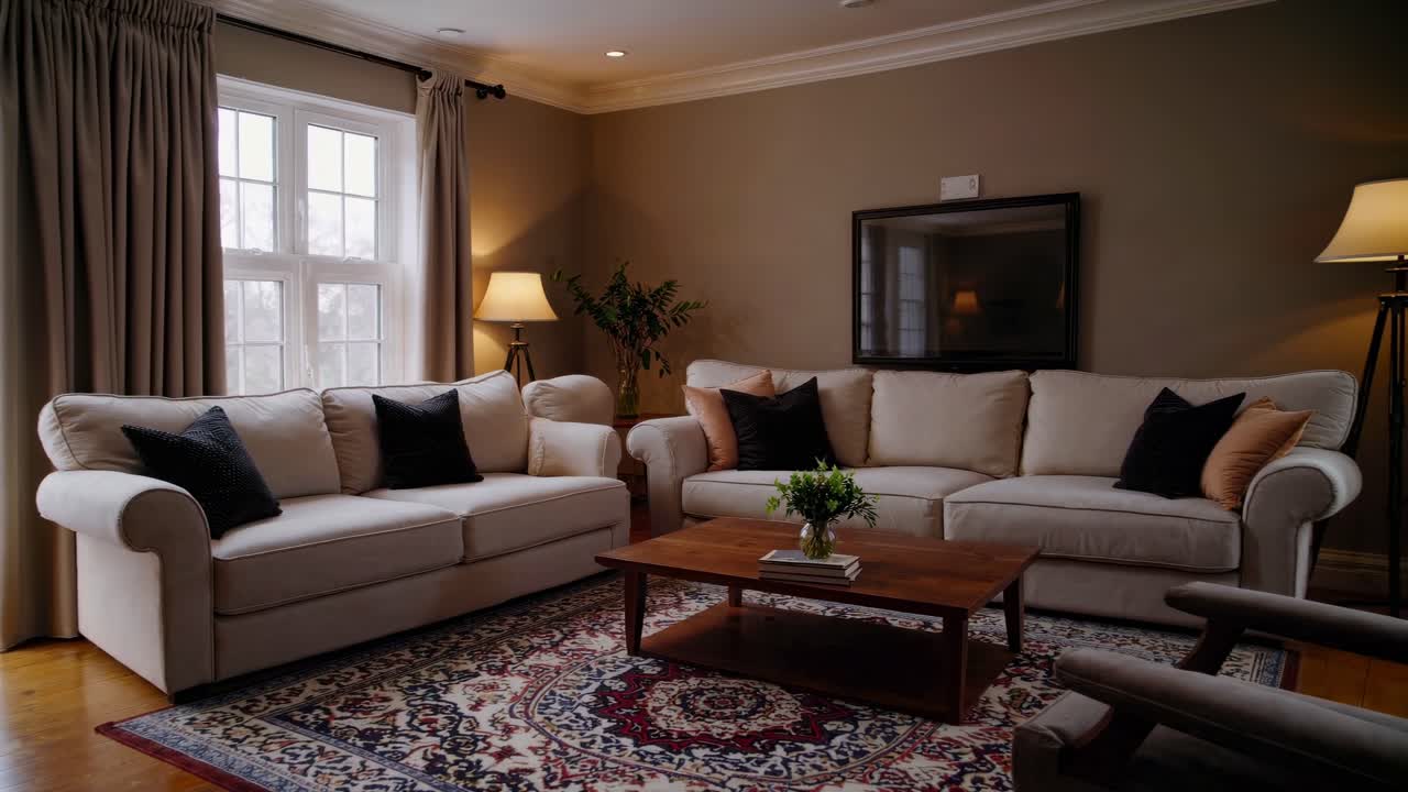 Cozy living room with beige sofas and warm lighting, captured from a wide-angle