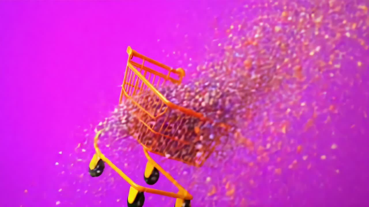 Vibrant Shopping Basket Overflowing with Colorful Sparkles Against a Purple Background, Capturing the Joy and Excitement of Shopping and Celebration in These Two Dynamic Frames