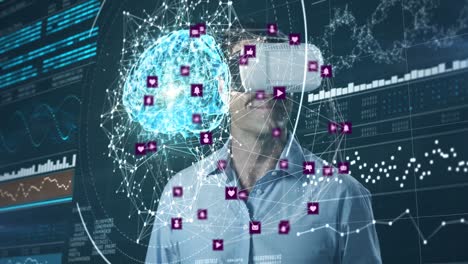 animación de la red de conexiones con iconos sobre el hombre que usa auriculares y procesamiento de datos