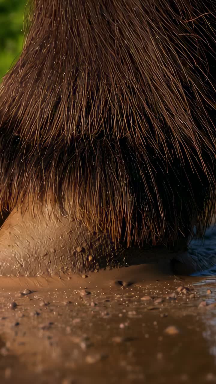 Vertical video: Weight shifting causing broad furry foot settling into muddy shoreline mud clinging