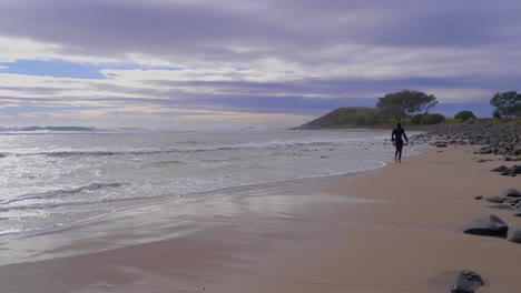 surfer walking on the rocky beach of crescent head - nsw australia