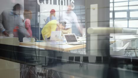 animation of diverse business people in office over people walking and cityscape