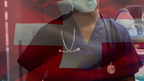 animación de la bandera de suiza sobre varios médicos durante la cirugía