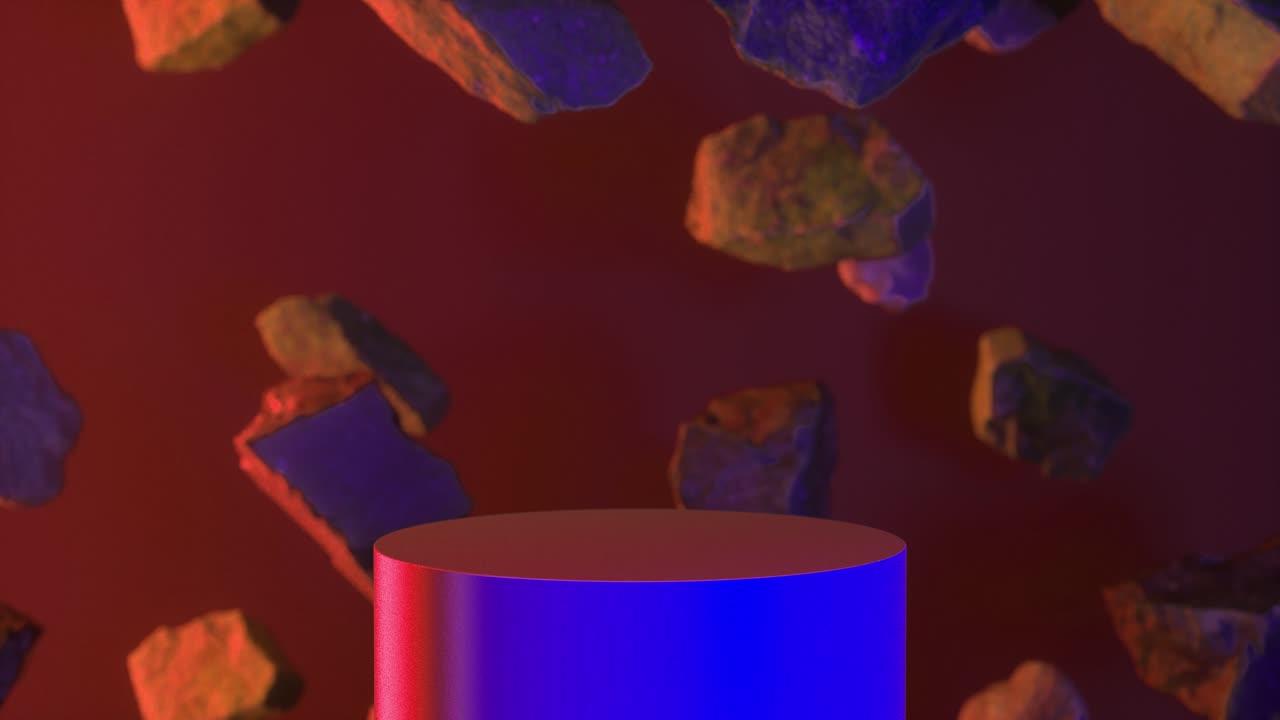 rocas en un fondo azul naranja de neón. piezas de fondo de rocas voladoras. exhibición en el podio para la presentación de productos cosméticos, pedestal o plataforma. plantilla de maqueta para el diseño de anuncios. bucle de animación 3d en 4k