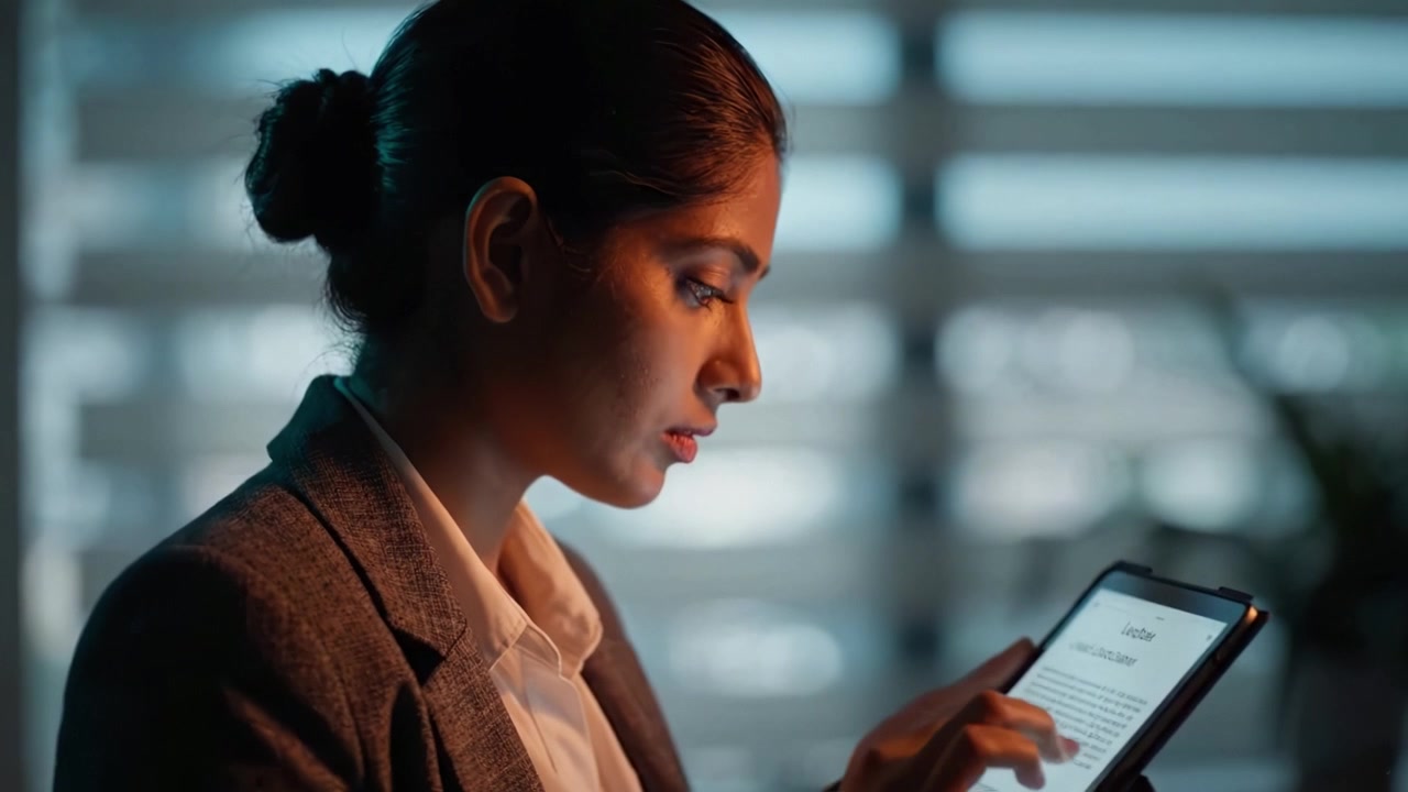 A focused young professional engaging with a tablet screen, illuminated in soft blue light while analyzing information in a serene indoor environment at night.