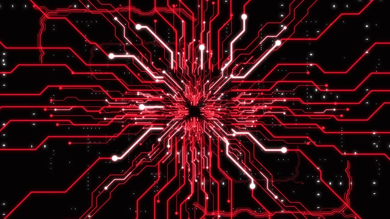 animación de túnel de tecnología digital abstracta con placa de circuito. fondo de bucle sin costura rojo futurista.