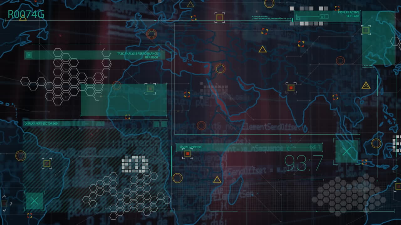 Animation of programming language over map, multiple shapes against black background