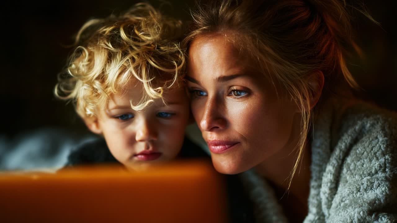 Ein zarter Moment, eingefangen in weichem Licht, während eine Frau und ein Kind eine stille Verbindung teilen, während sie etwas Interessantes auf einem Laptop ansehen, was Liebe und Fokus in ihren Gesichtsausdrücken zeigt