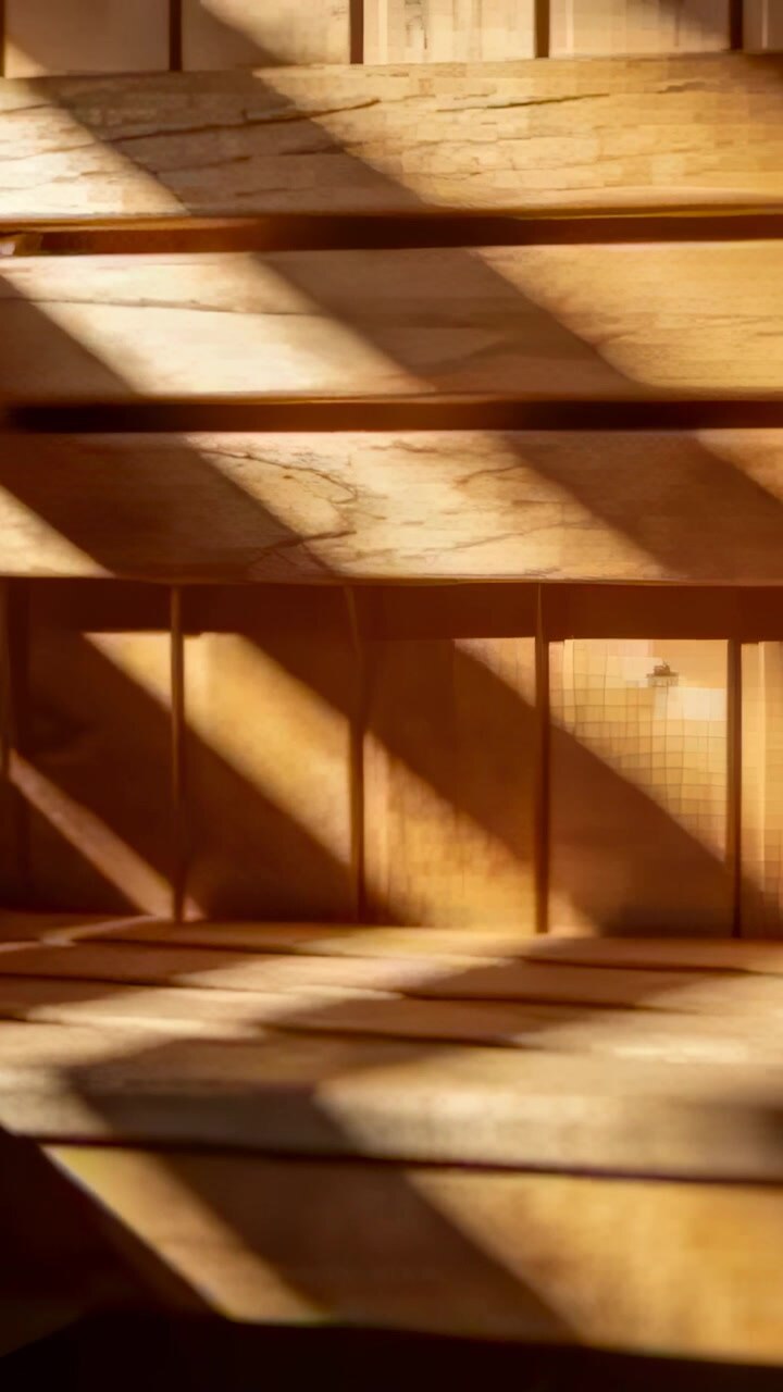 Video verticale: Luce solare mutevole che proietta granelli su panche e pannelli di legno in una sauna, attraverso le fessure delle doghe.