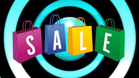 animación de círculos coloridos y venta en bolsas de compras