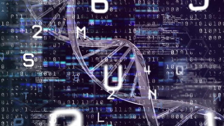 Animation of dna strand, binary coding and data processing over black background