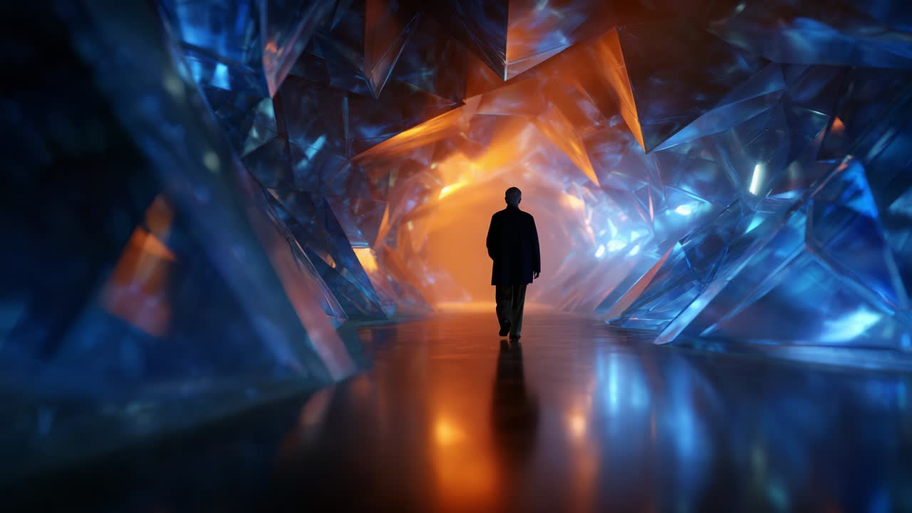 A solitary figure navigates through a mesmerizing cavern of shimmering crystals, with vibrant blue and orange hues illuminating the path ahead, suggesting a journey through a surreal, dreamlike environment
