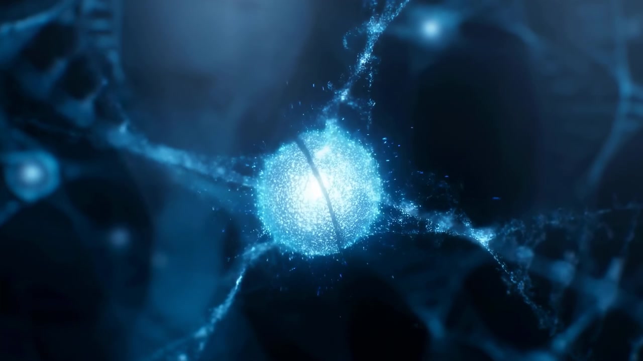 Bright blue orb centered in a dark abstract scene with soft blurred lights, faint circular forms, and a futuristic atmospheric mood