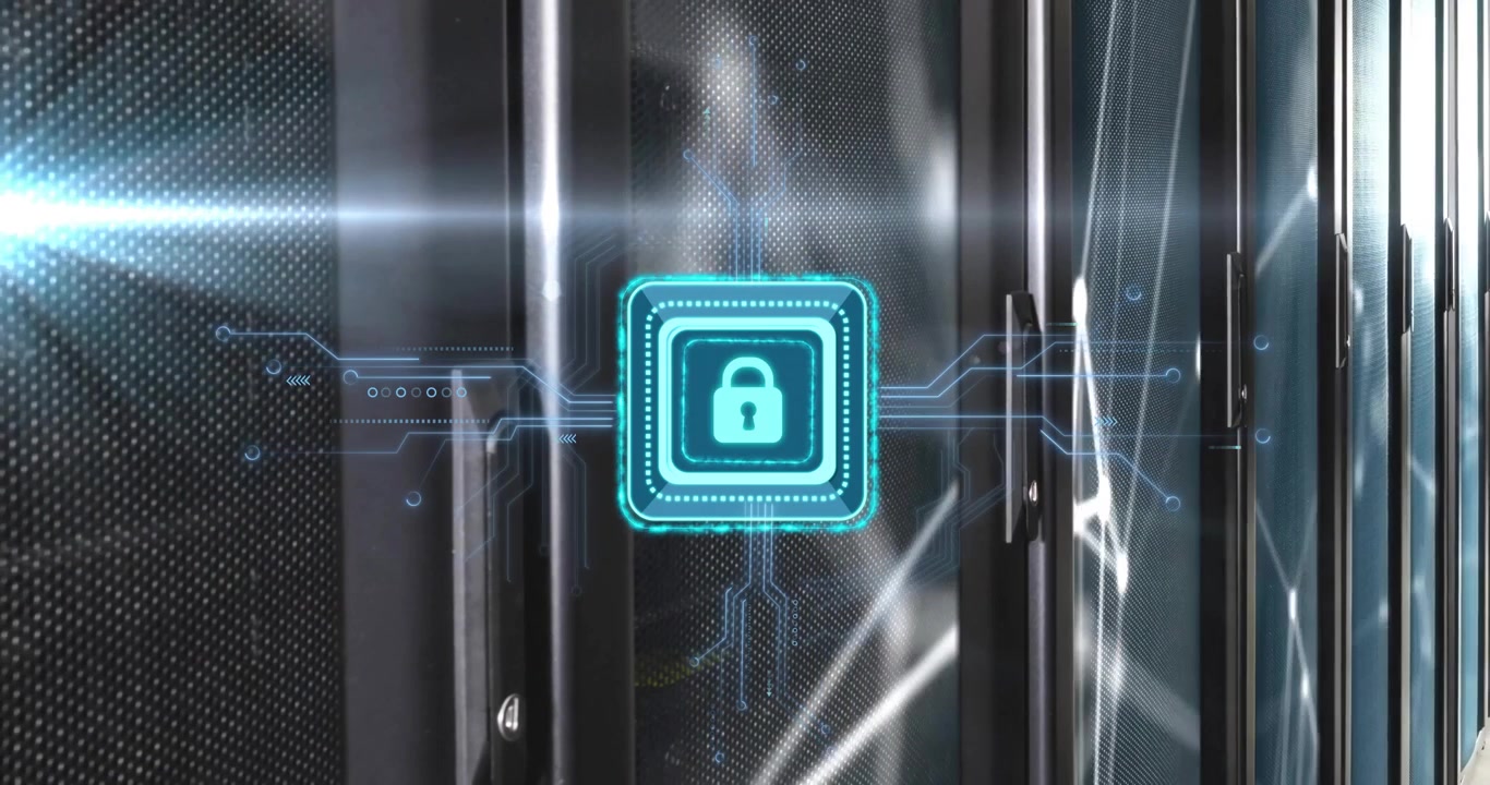 Neon-blue padlock fading in, pulsing and extending circuitry across racks showing data security
