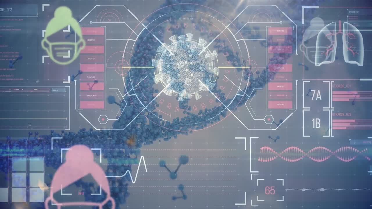 디지털 화면에서 얼굴 마스크와 dna의 아이콘의 애니메이션