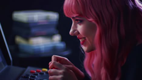 engaging with vintage gaming technology: a young woman enjoys nostalgic moments at an arcade, capturing the joy of gaming in a colorful and vibrant setting