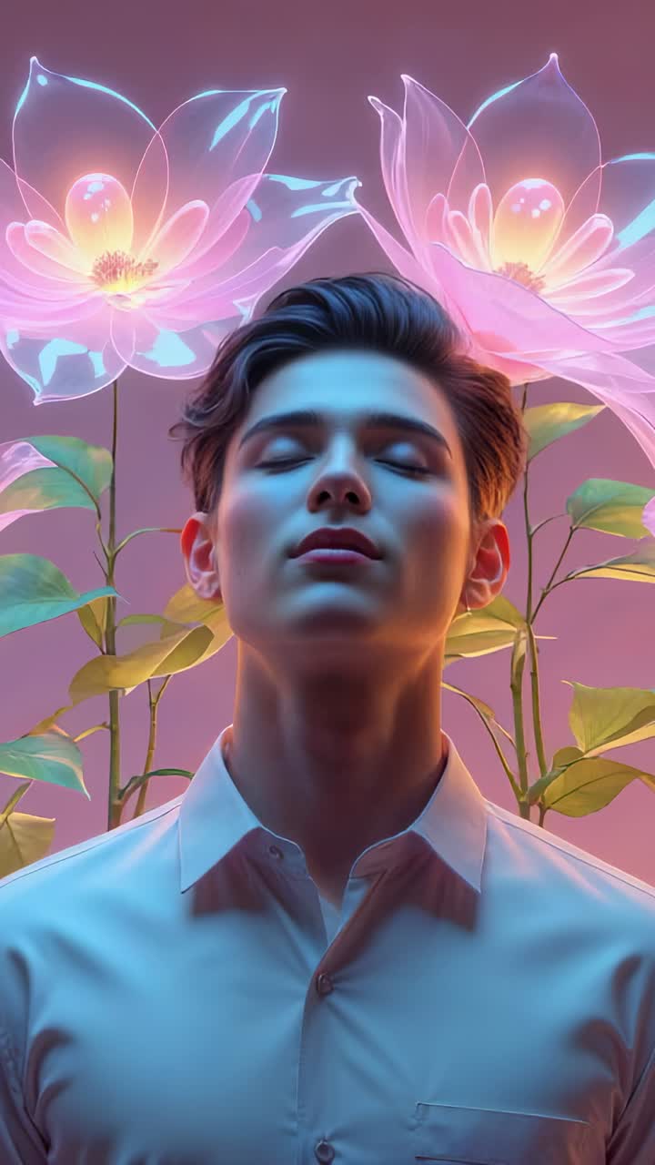 Vertical video: Camera zooming in on man opening eyes in studio, with glowing lotus backdrop