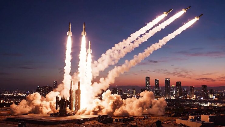 A breathtaking launch sequence showcasing a rocket ascent against a vibrant twilight skyline, illustrating the beauty of technology blending with nature's colors.