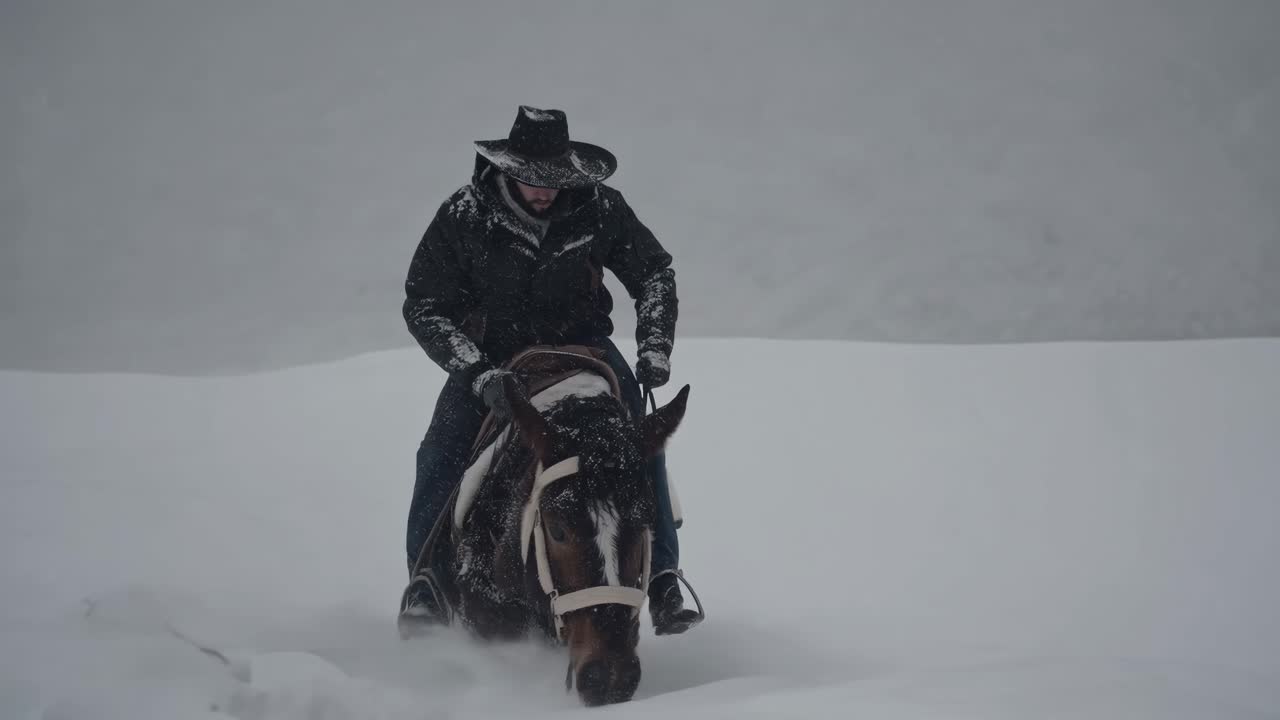 Cowboy Riding Horse in Snow