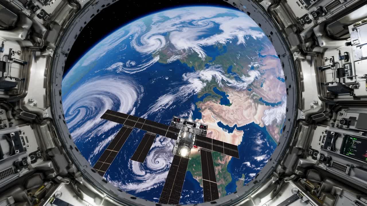 View from a spacecraft window showing Earth from space. Captured from a low-angle, this video