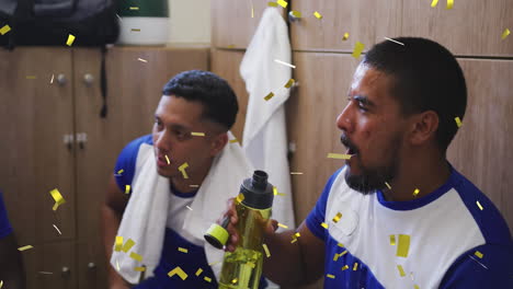 animation of confetti falling over male football players in changing rooms