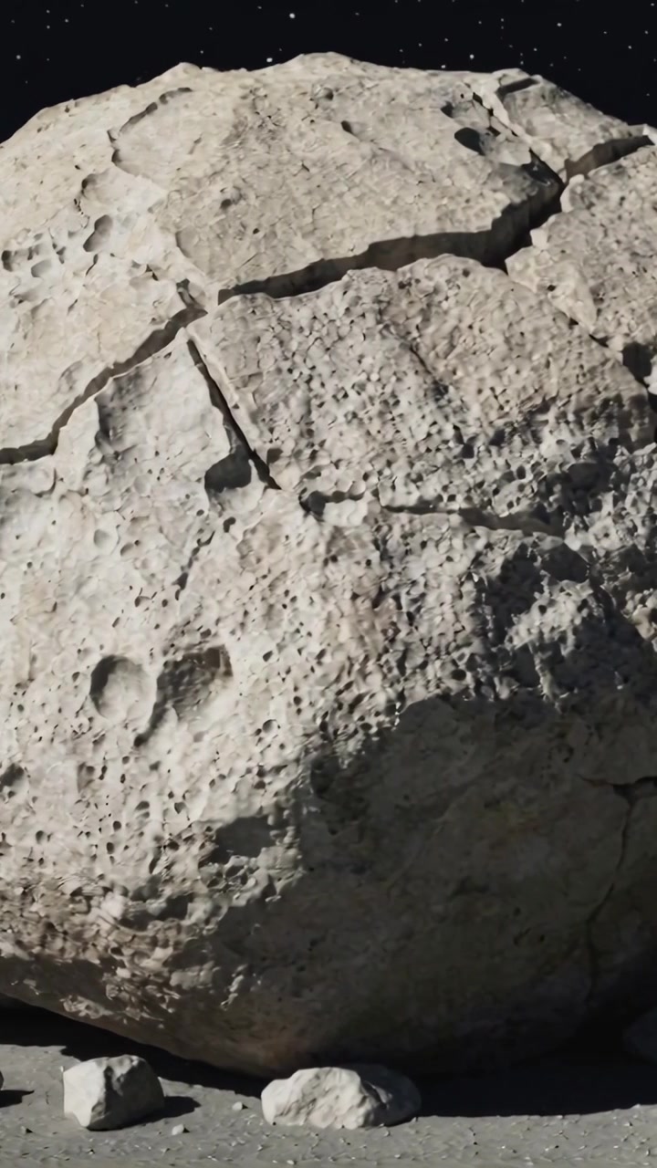 Video verticale: Telecamera panoramica che rivela un masso fratturato sulla regolite, esaminando fosse sotto le stelle.