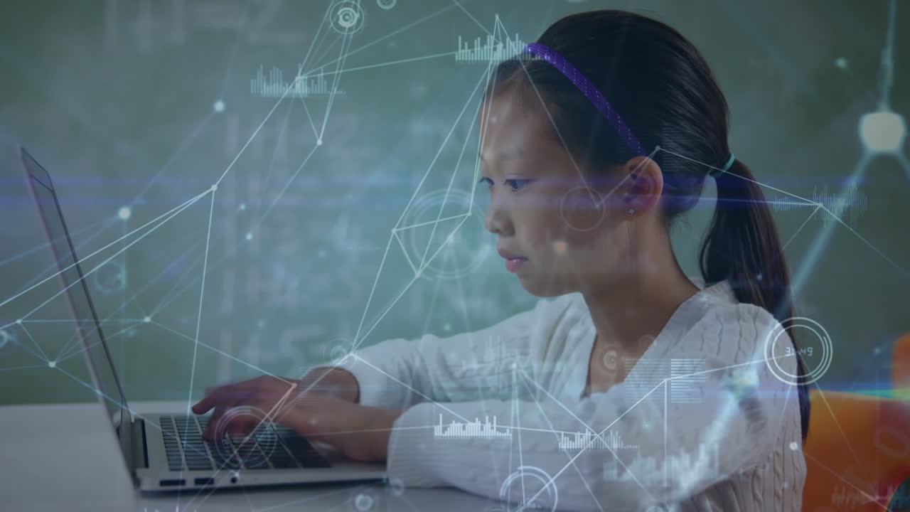 학교에서 노트북을 사용하는 아시아 소녀에 대한 연결 네트워크의 애니메이션