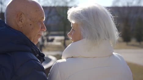 Vista-Trasera-De-Una-Pareja-Mayor-Hablando-Y-Besándose-En-El-Parque-En-Un-Día-De-Invierno