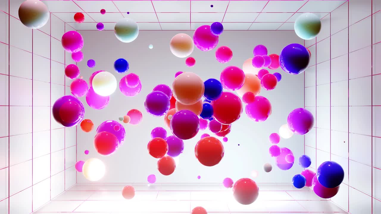 무작위로 빛나고 서로 반사되는 공중의 다채로운 공의 추상적인 구성, 공중의 여러 가지 색의 구, 단순한 기하학적 빛의 배경으로 빛의 효과와 함께 빛의 방.