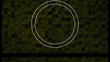 animation of white rings and slipping black frame over dark yellow digital grid, on black background