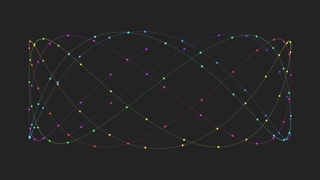 Colorful particle dots move along smooth looping paths, creating abstract wave patterns on a dark background. Dynamic minimal motion graphic ideal for technology, science, data or futuristic concepts
