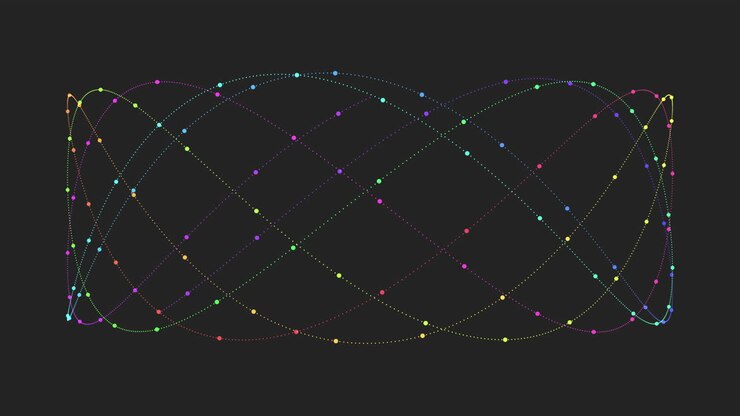 Colorful particle dots move along smooth looping paths, creating abstract wave patterns on a dark background. Dynamic minimal motion graphic ideal for technology, science, data or futuristic concepts