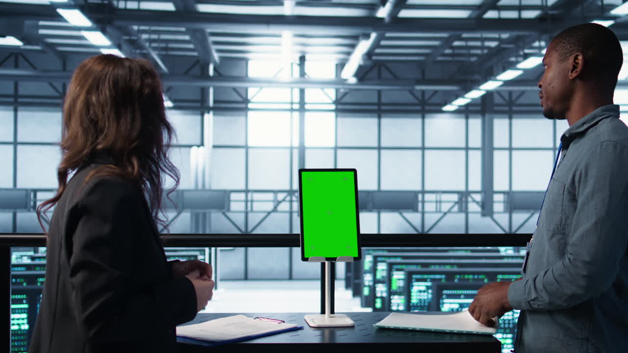 검사자가 서버 허브에서 문서를 확인하고 그린 스크린 태블릿을 사용합니다.