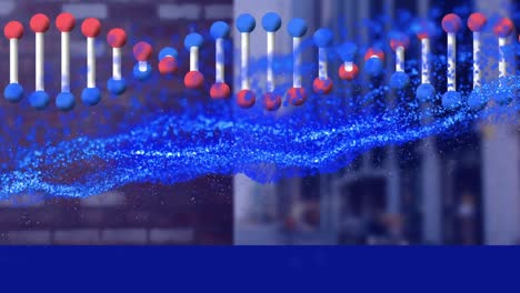 Animation-of-dna-strand-spinning-with-data-processing-over-cityscape