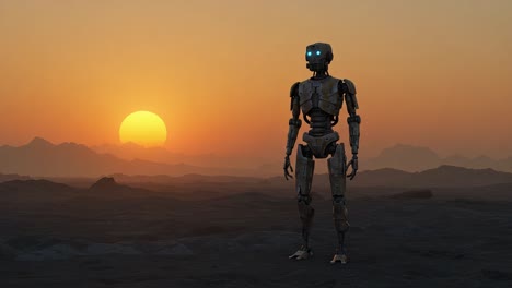 a futuristic robot stands alone against a breathtaking sunset on a distant alien landscape, embodying the essence of exploration and technology within a serene environment