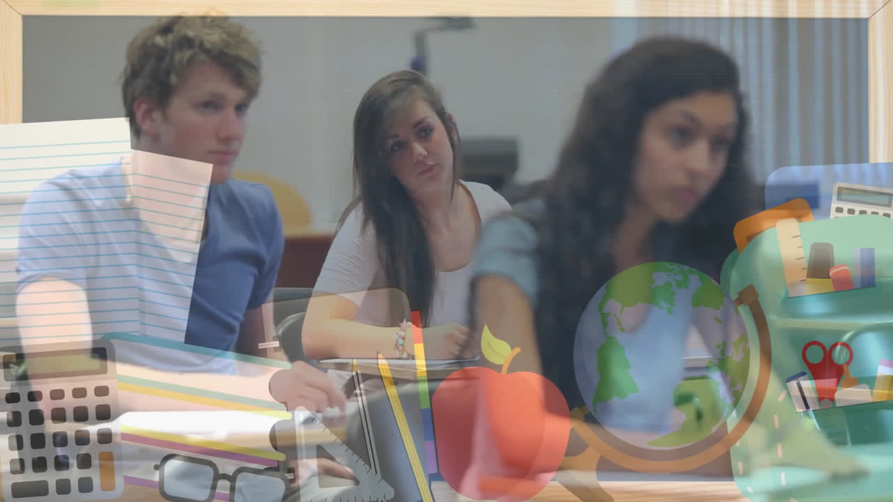 animación de los suministros escolares sobre los estudiantes que estudian en el aula