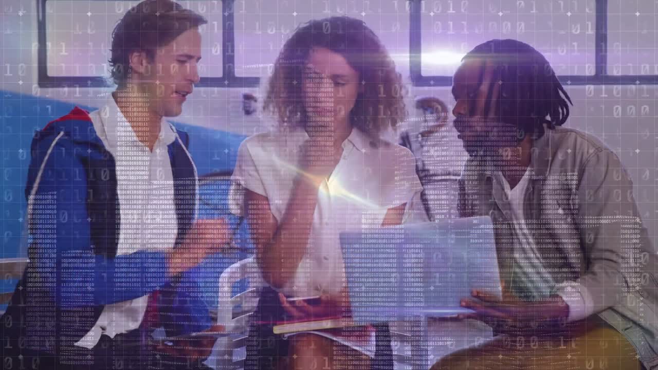 Animation of data processing over diverse business people in office