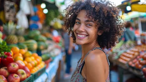 smiling woman at a vibrant outdoor market