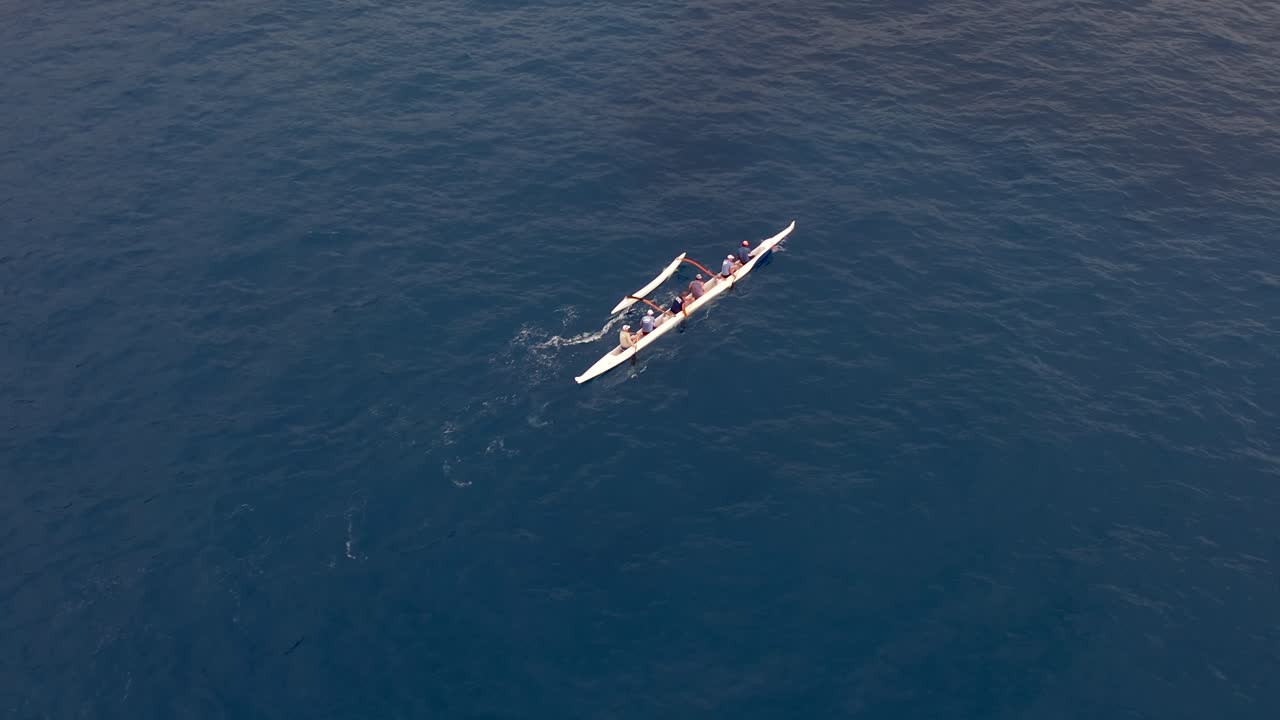 노를 젓는 팀이 바다를 따라 하와이 아웃리거 카누를 동시에 저어갑니다 - 공중 조감도
